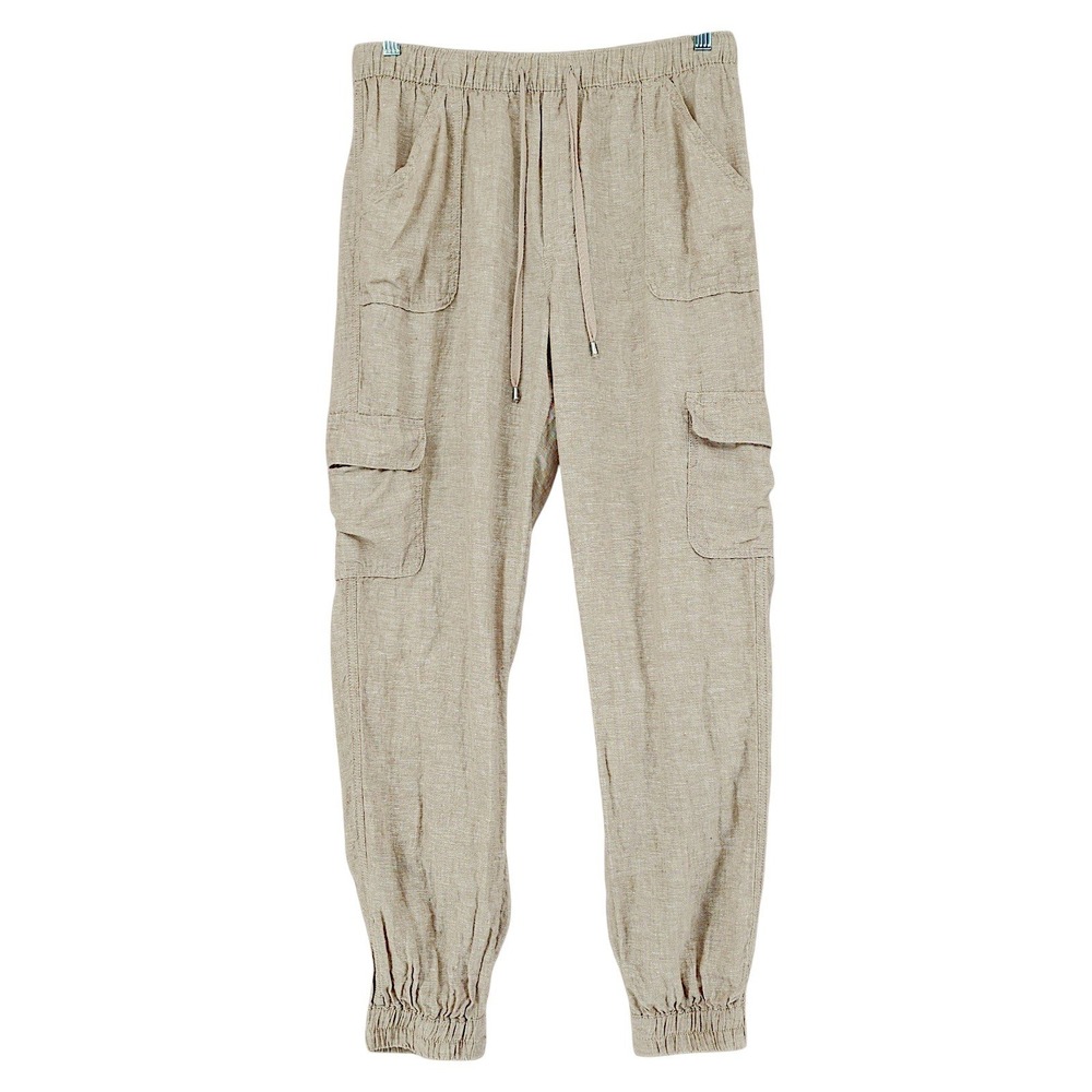 Nicole Miller Linen Cargo Jogger L Women Beige Utility Pant Beach Coastalgrandma